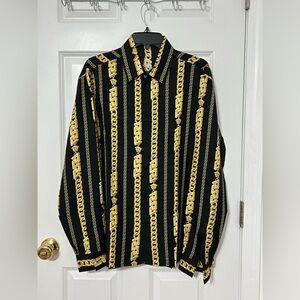 Versace Greca black and gold chain print button down silk shirt
